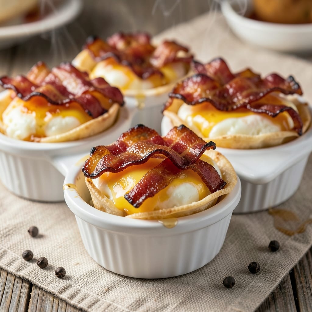 Bacon Egg and Cheese Egg Bites Recipe: Crispy Wonton Shells with Melted Cheese and Runny Yolks