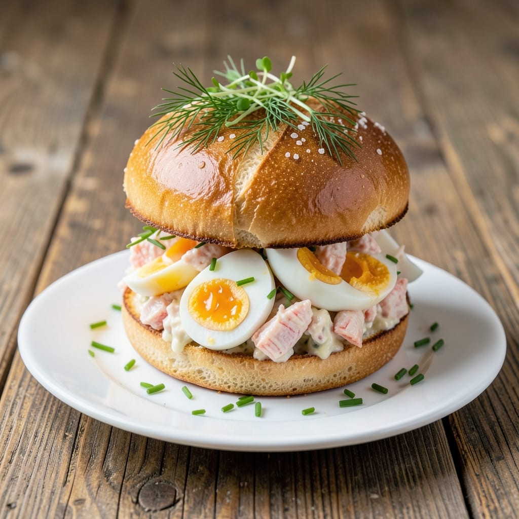 Crab and Egg Salad Sandwich Recipe: Crispy Croutons and Silky Yolk Layers