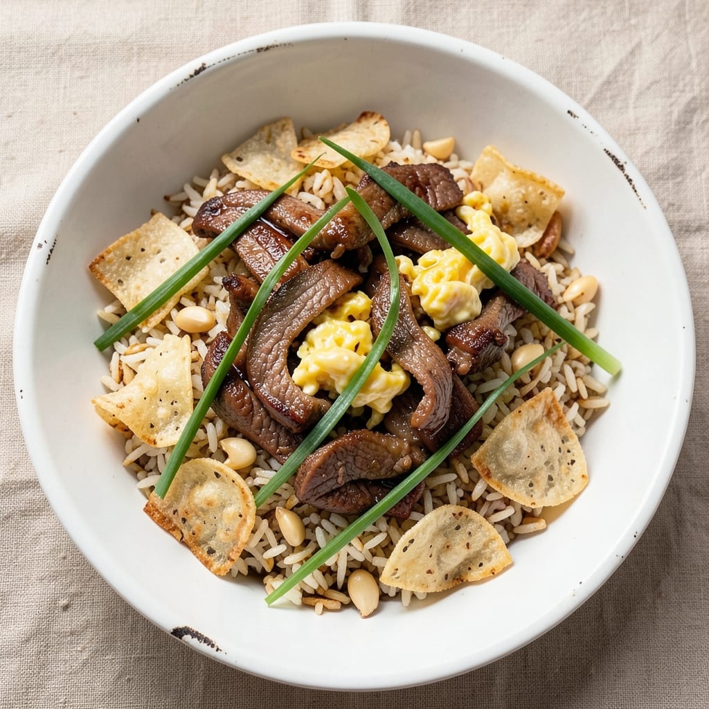 Beef Egg Fried Rice Recipe: Crispy Wonton Crunch With Silky Egg Ribbons
