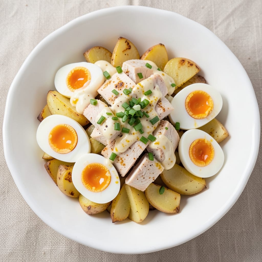 Chicken, Egg, and Potato Salad Recipe: Crispy Potato Cubes and Silky Yolk Creaminess