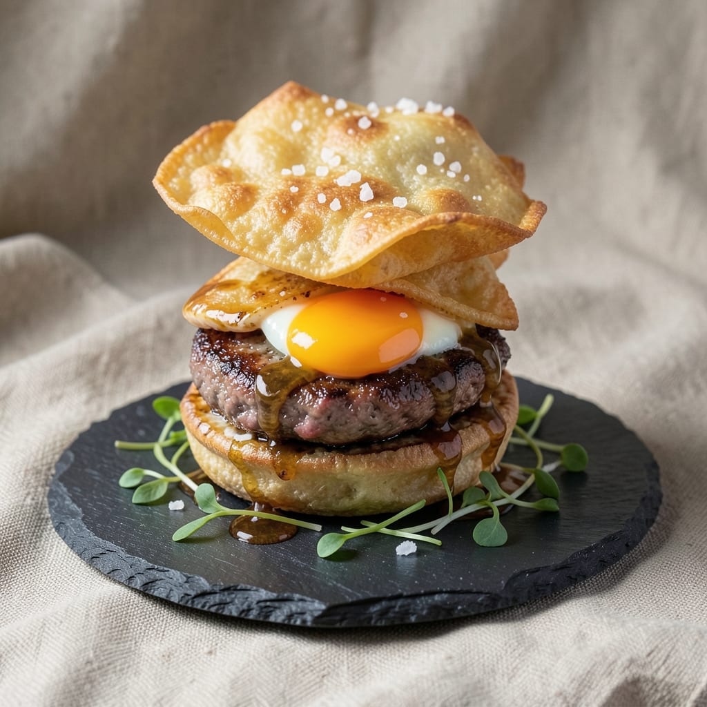 Burger Recipe With Egg and Worcestershire: Crispy Wonton Crunch Meets Umami-Rich Yolk