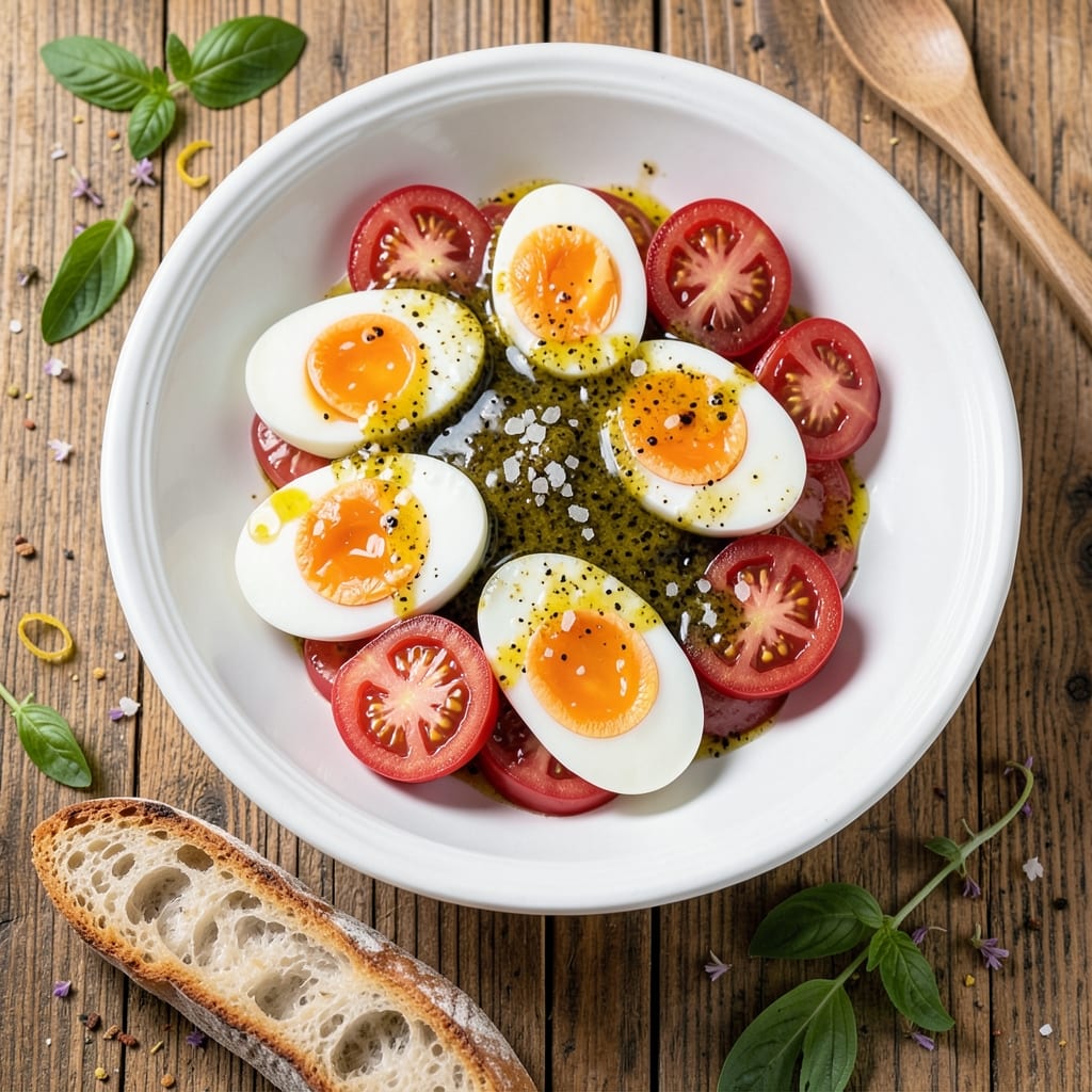 Egg and Tomato Salad Recipe: Crispy Croutons and Creamy Yolk Balance
