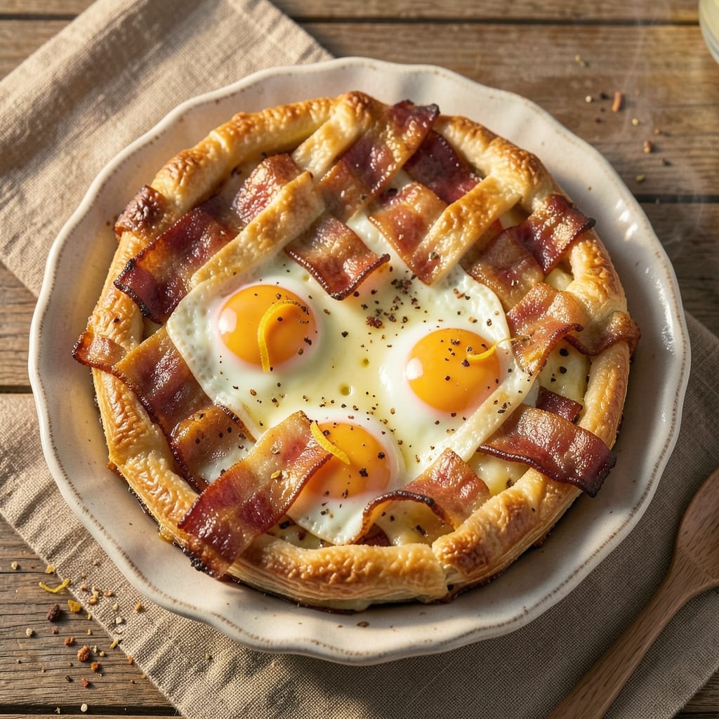Bacon, Egg, and Cheese Pie Recipe: Flaky Crust Hugs Savory Yolk Rivers
