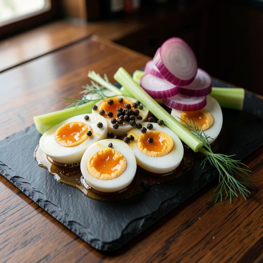 Bar Style Pickled Eggs Recipe: Tangy Vinegar Brine with Crispy Celery Bites