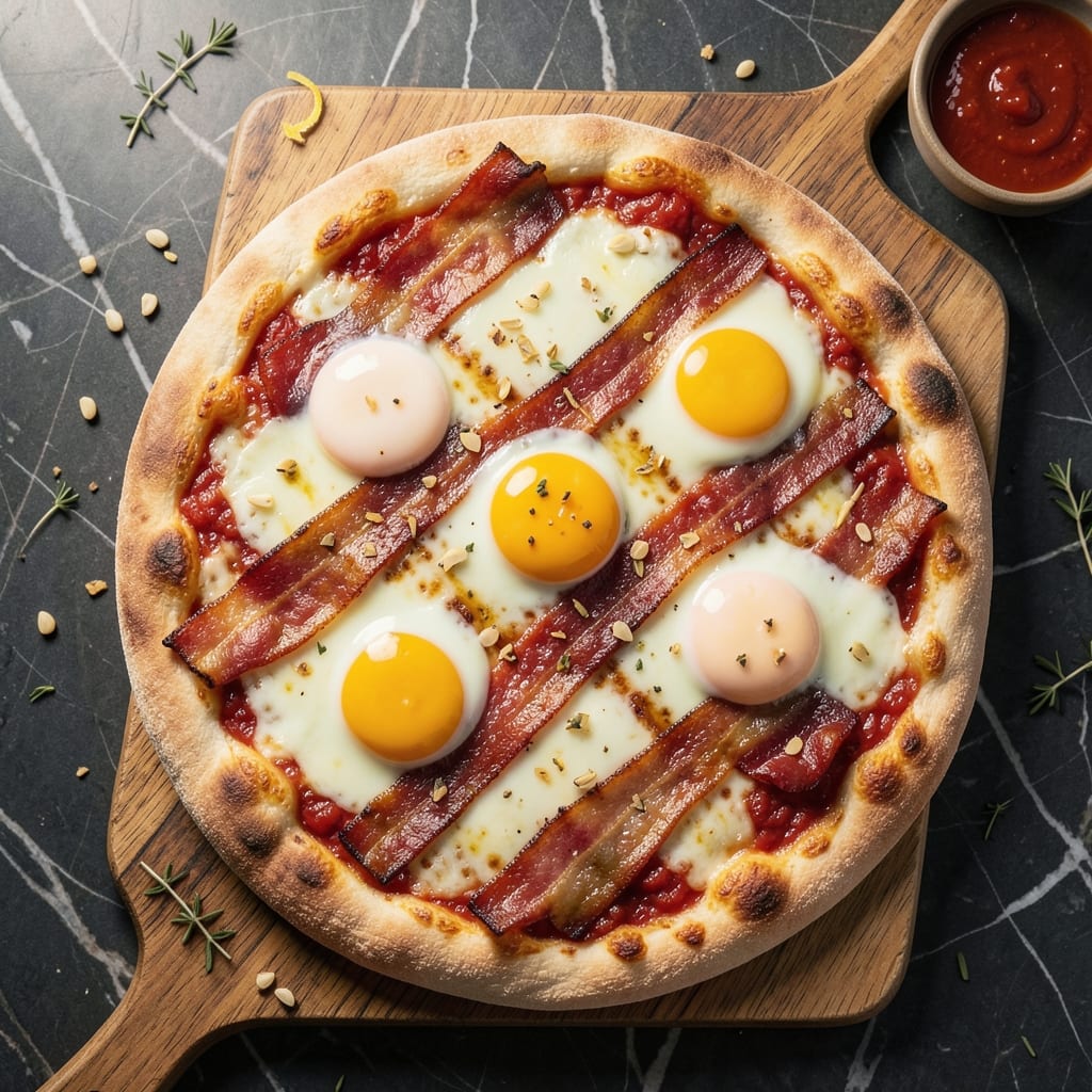 Bacon and Egg Pizza Recipe: Smoky Crispy Crust with Crumbled Bacon Bits