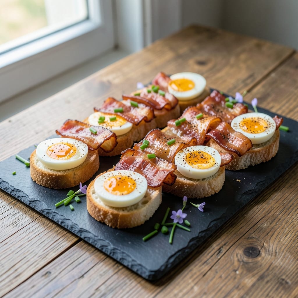 Egg and Bacon Canapes Recipe: Crispy Toast Bites With Runny Yolk Magic